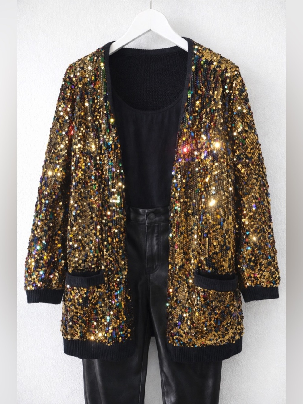 Roaman's Gold Sequin Open-Front Cardigan with Multicolor Accents